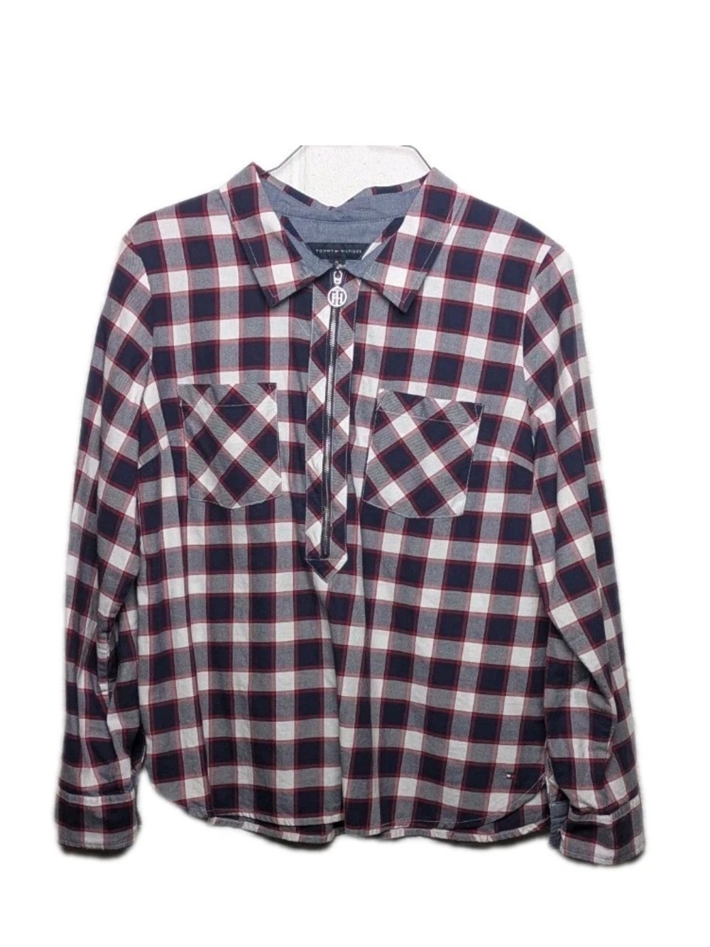 Tommy Hilfiger Navy, White & Red Plaid Half Zip Shirt